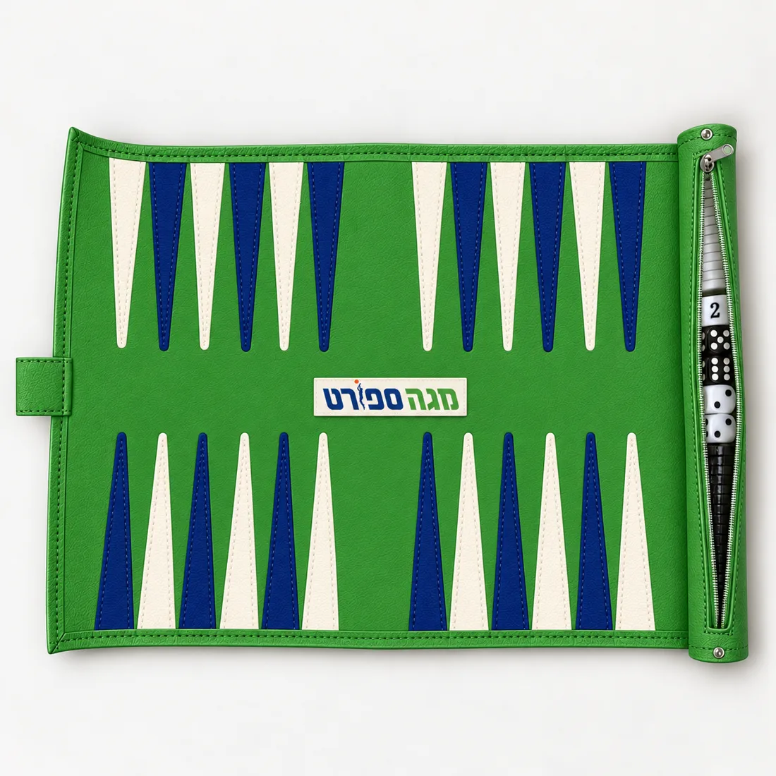 לוח שש בש מגה ספורט — בסיס ירוק · כחול כהה ולבן